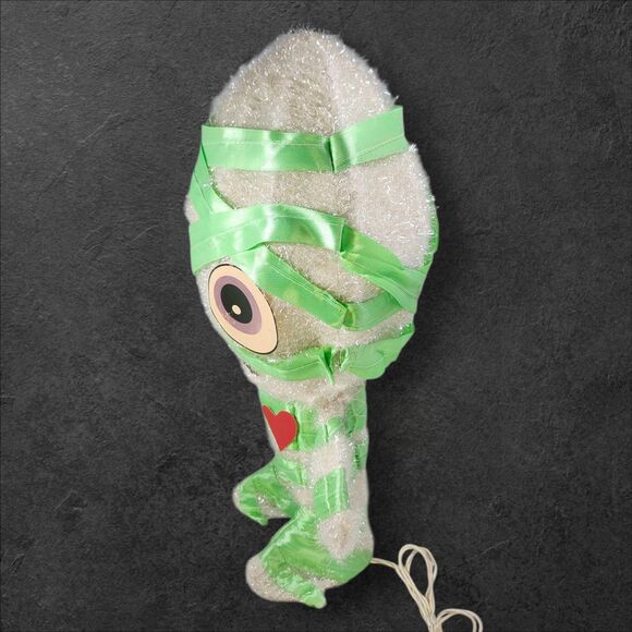 Vintage Light-Up Halloween Mummy Decoration 19” Green Wrap Heart Cute Spooky - Picture 4 of 11